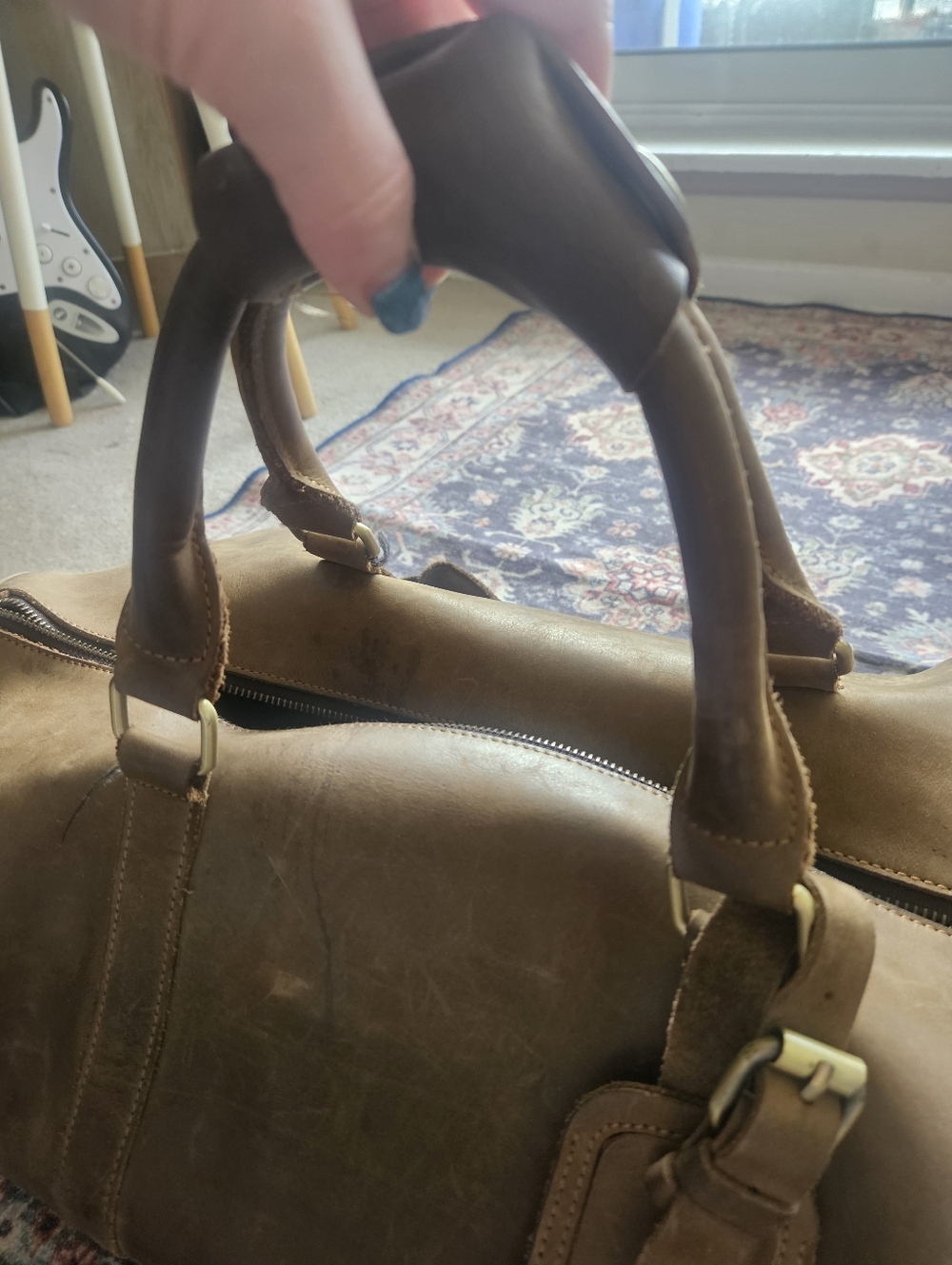 Full Grain Leather Weekend Duffle Bag -Tan Brown Overnight Cabin Bag - Picture 6 of 16